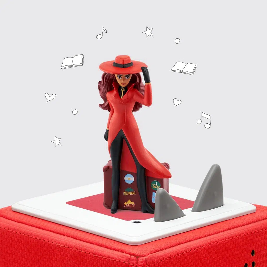 A tonie figure of Carmen Sandiego, the infamous thief, dressed in a red hat and red dress on top of a red toniebox.