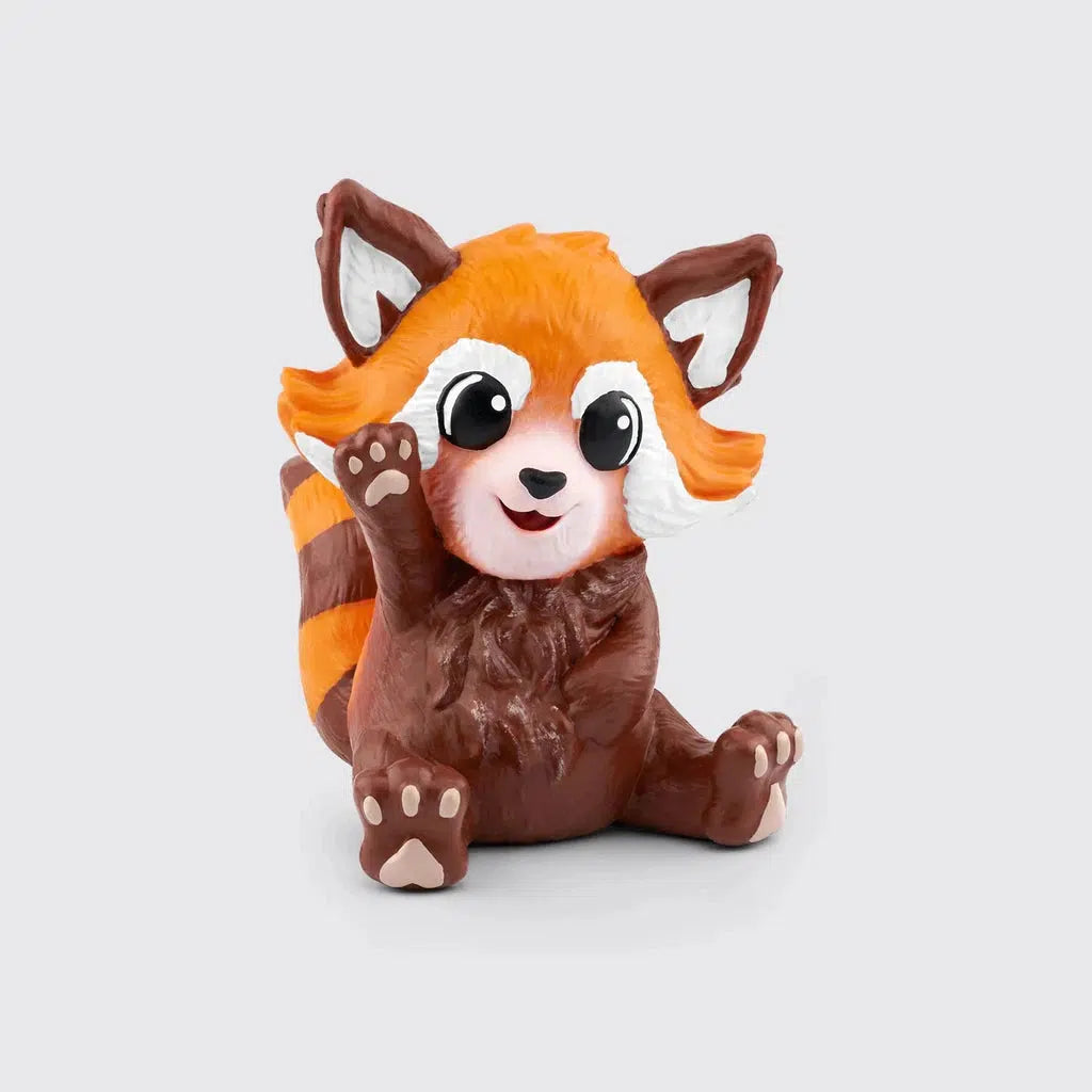 Tonie figure is a red panda sitting down and raising it's right paw up