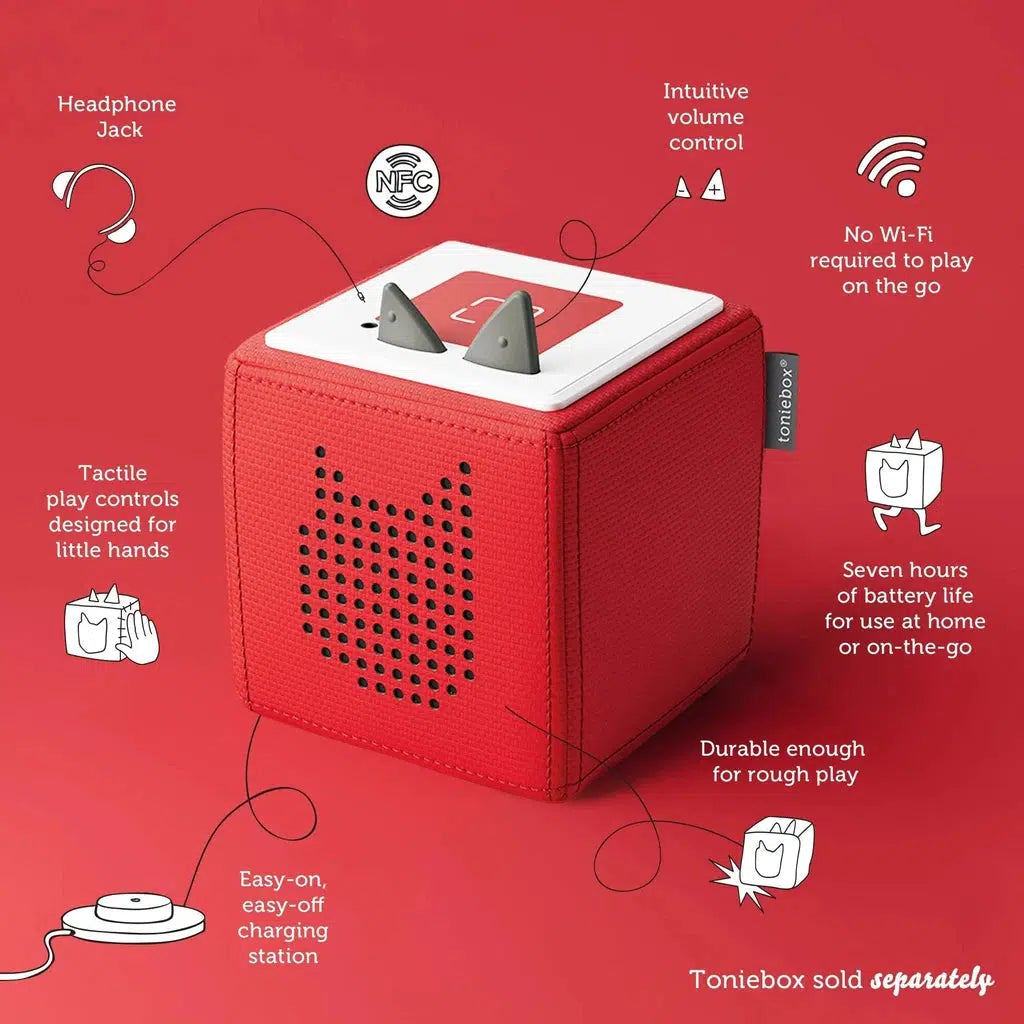 Toniebox features including: headphone jack, intuitive volume control, tactile play controls designed for little hands, easy-on easy-off charging station, durable enough for rough play, seven hours of battery life, no Wi-Fi required on the go, Toniebox sold separately.