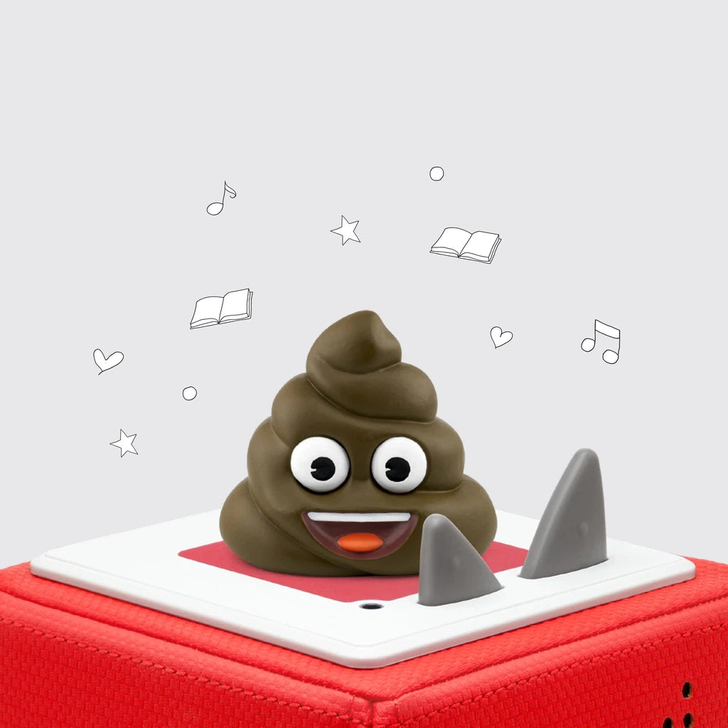 A tonie figure shaped like the poop emoji sitting on top of a red tonie box