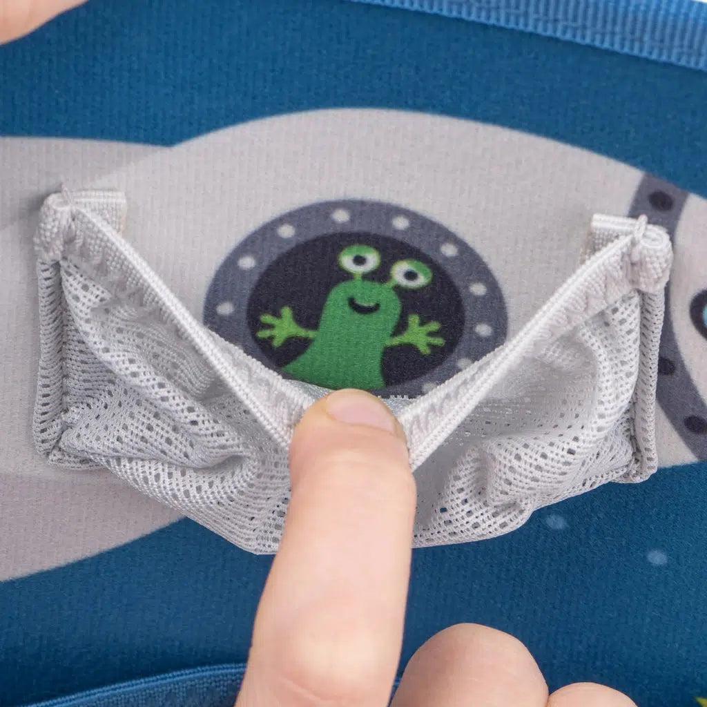 pockets contain hidden images such as one which shows a cartoon alien waving from a spaceship window behind one pocket