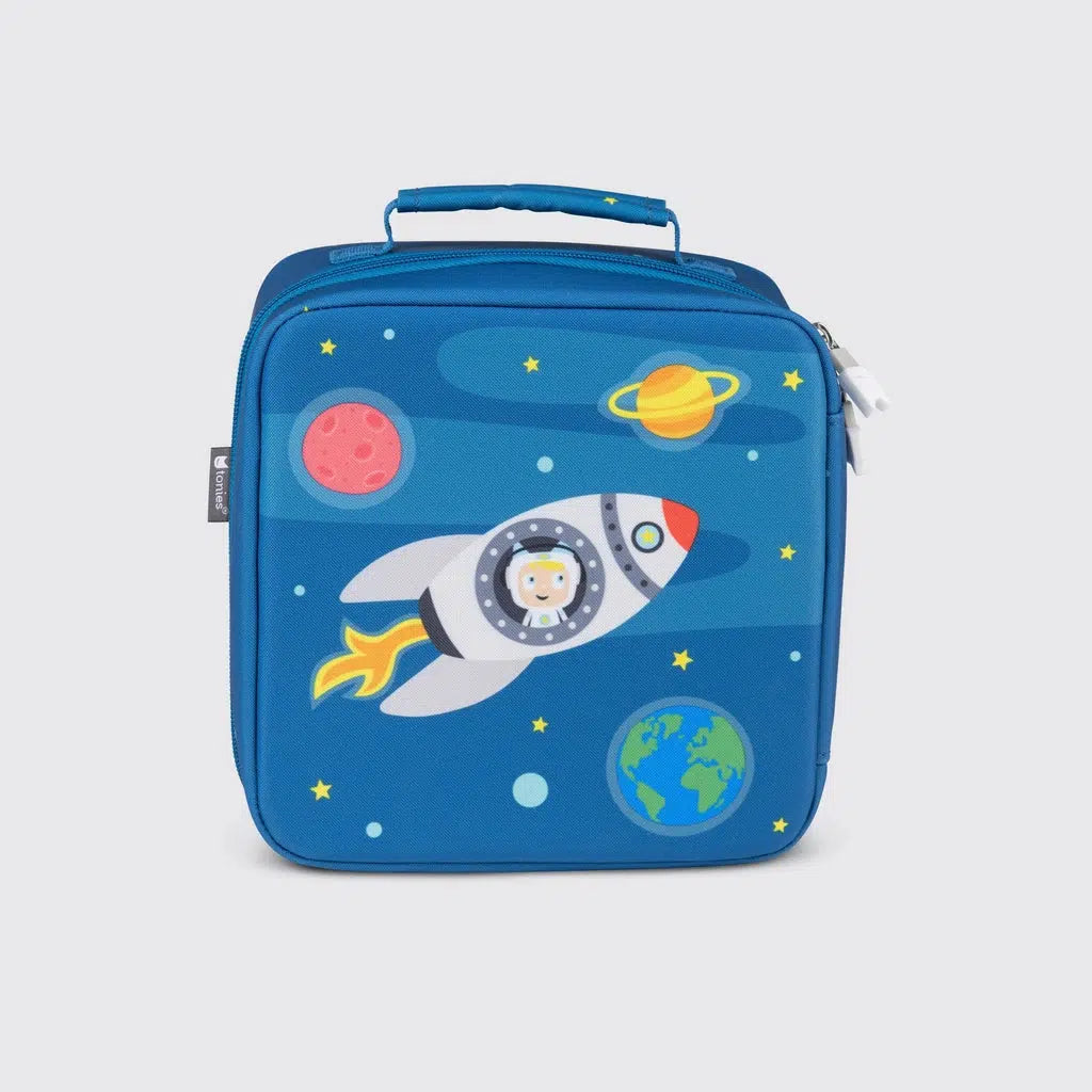 case made of dark blue material with a tonie character in a spaceship flying through space past earth and other planets. Handle on the top and zippers to open and close the bag
