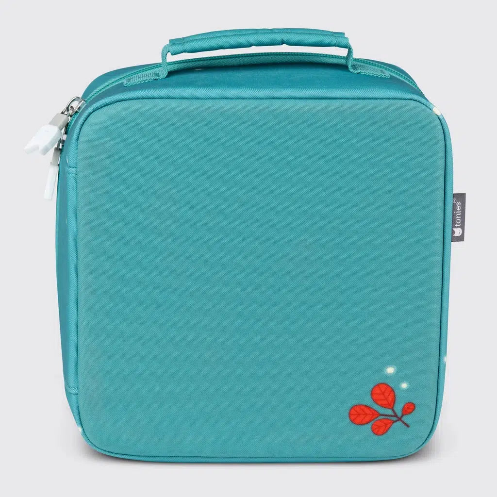 back of the case has a leafy branch with motes of light in the bottom right corner of the solid teal green material