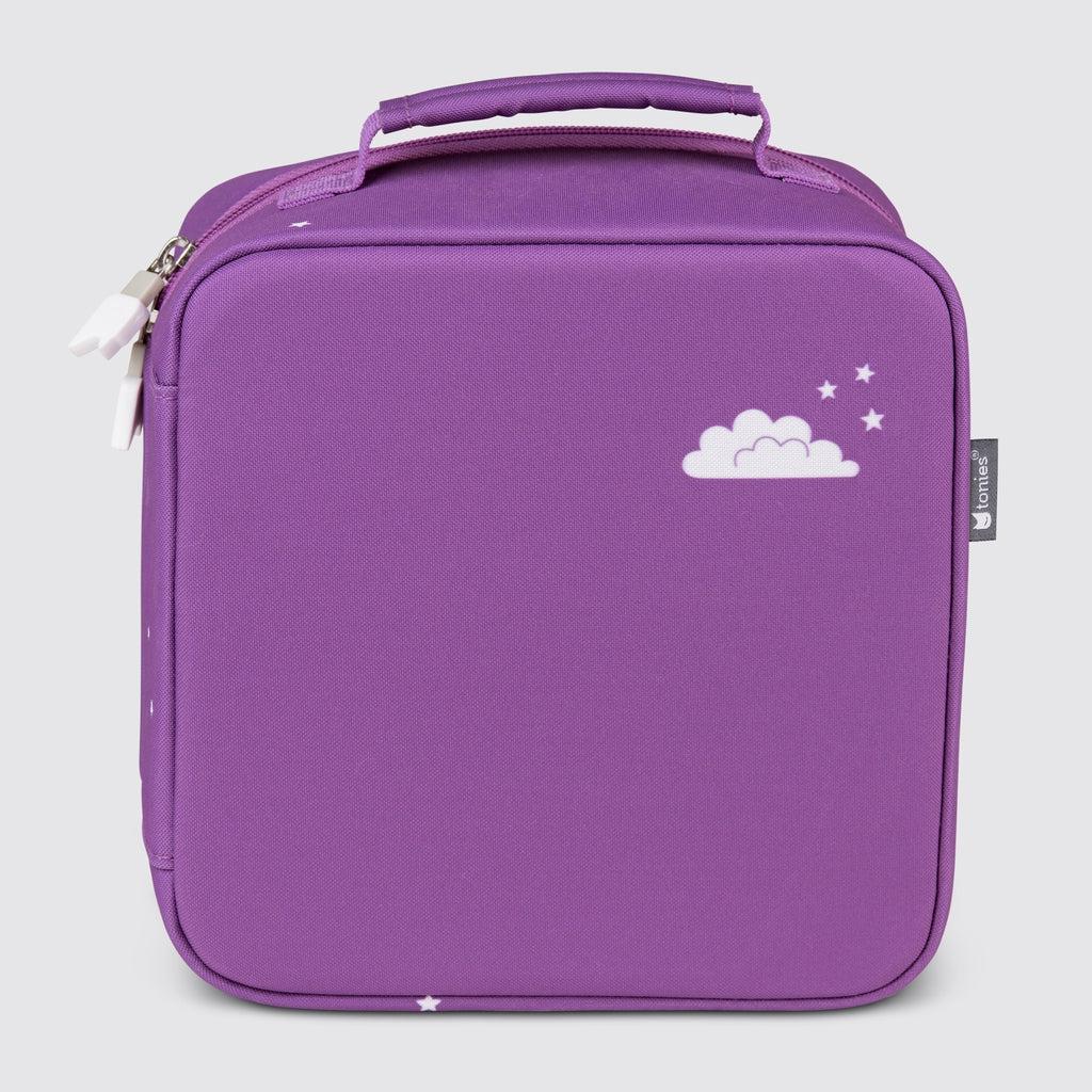 back of the case has a fluffy cloud and a couple stars decorating the top right corner of the solid dark purble material