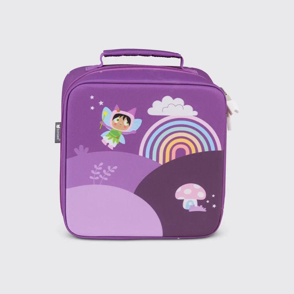Case made of dark purple material with a tonie character dressed as a fairy flying over hills with a rainbow to the right of her. Handle on the top and zippers to open and close the bag