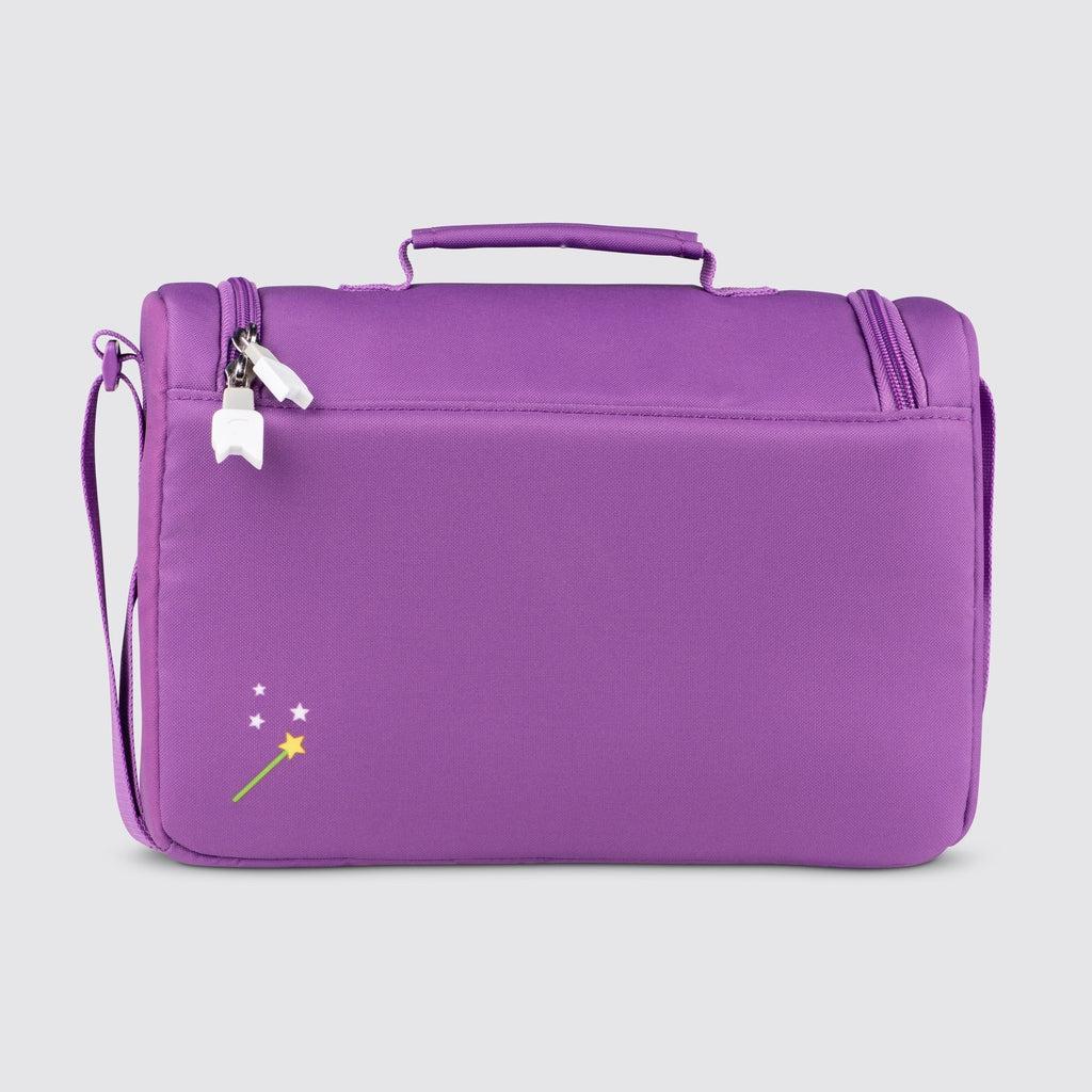 The back of the bag has a fairy wand decorating the purple material. The top zippers handles are shaped like rounded squares with Tonie Ears on them.