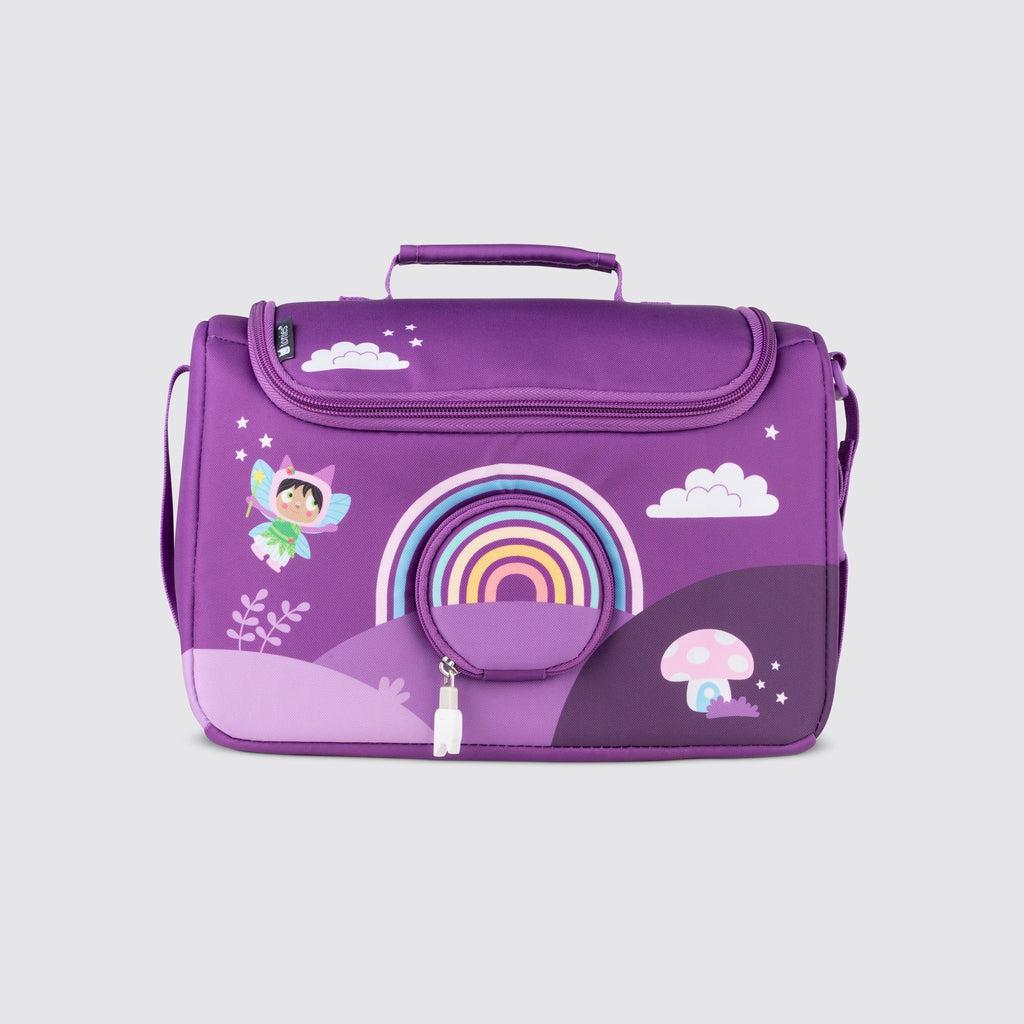 The bag is purple with a tonies character dressed as a fairy flying among clouds and stars over hills with grass and mushrooms. The fronts center has a circular zipped opening with a rainbow on it. The main opening is a zipper along the top front and sides to open the whole top.