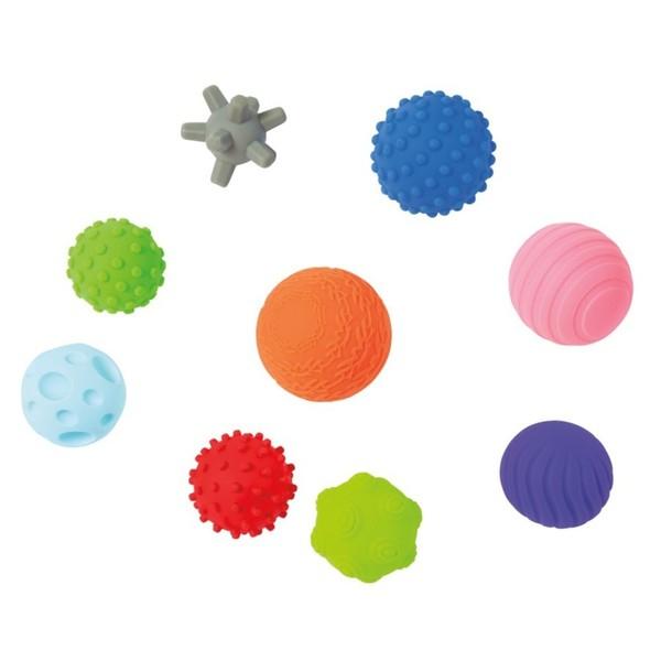 Image of the balls outside of the packaging. There are 9 balls included, each a different color and texture. Some have lines, some have spots, and some have craters.