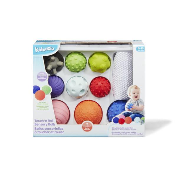 Image of the packaging for the Touch n' Roll Sensory Balls. Part of the front is cut away so you can see and touch the toy inside.
