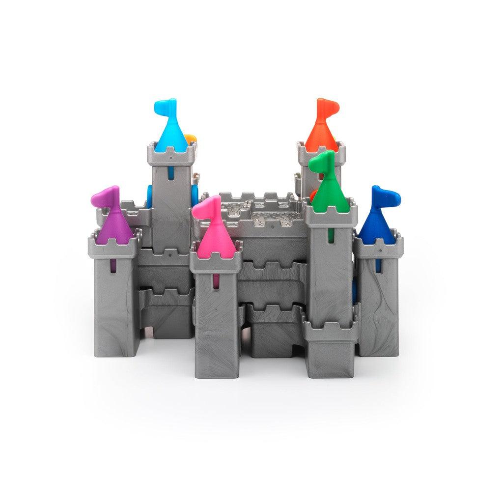 image shows all the towers placed together to make a three story castle.