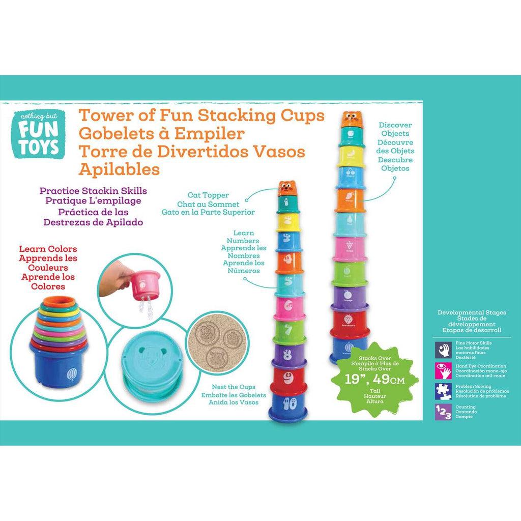 Image of the back of the box. Shows that when completely stacked, the tower measures 19" tall.