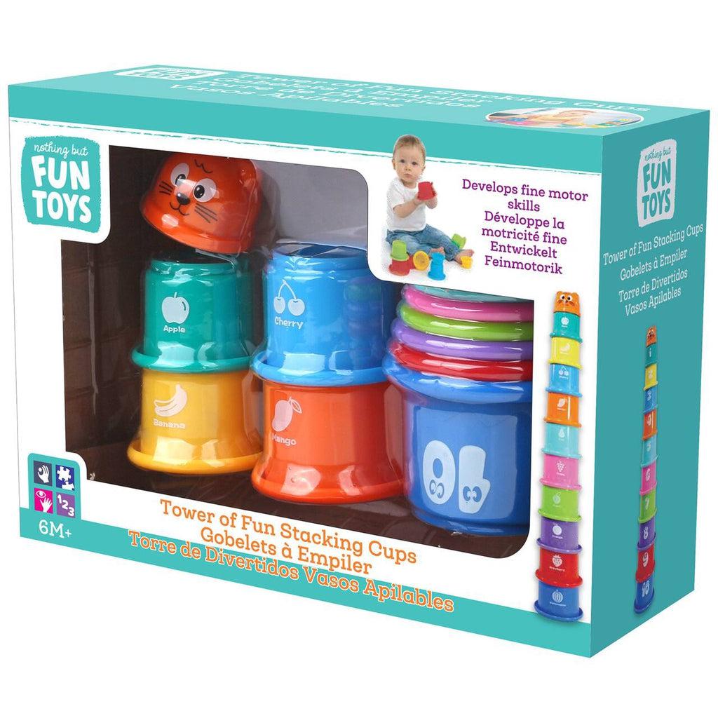 Image of the packaging for the Tower of Fun Stacking Cups. Part of the front is cut away/covered with clear plastic so you can see the toy inside.