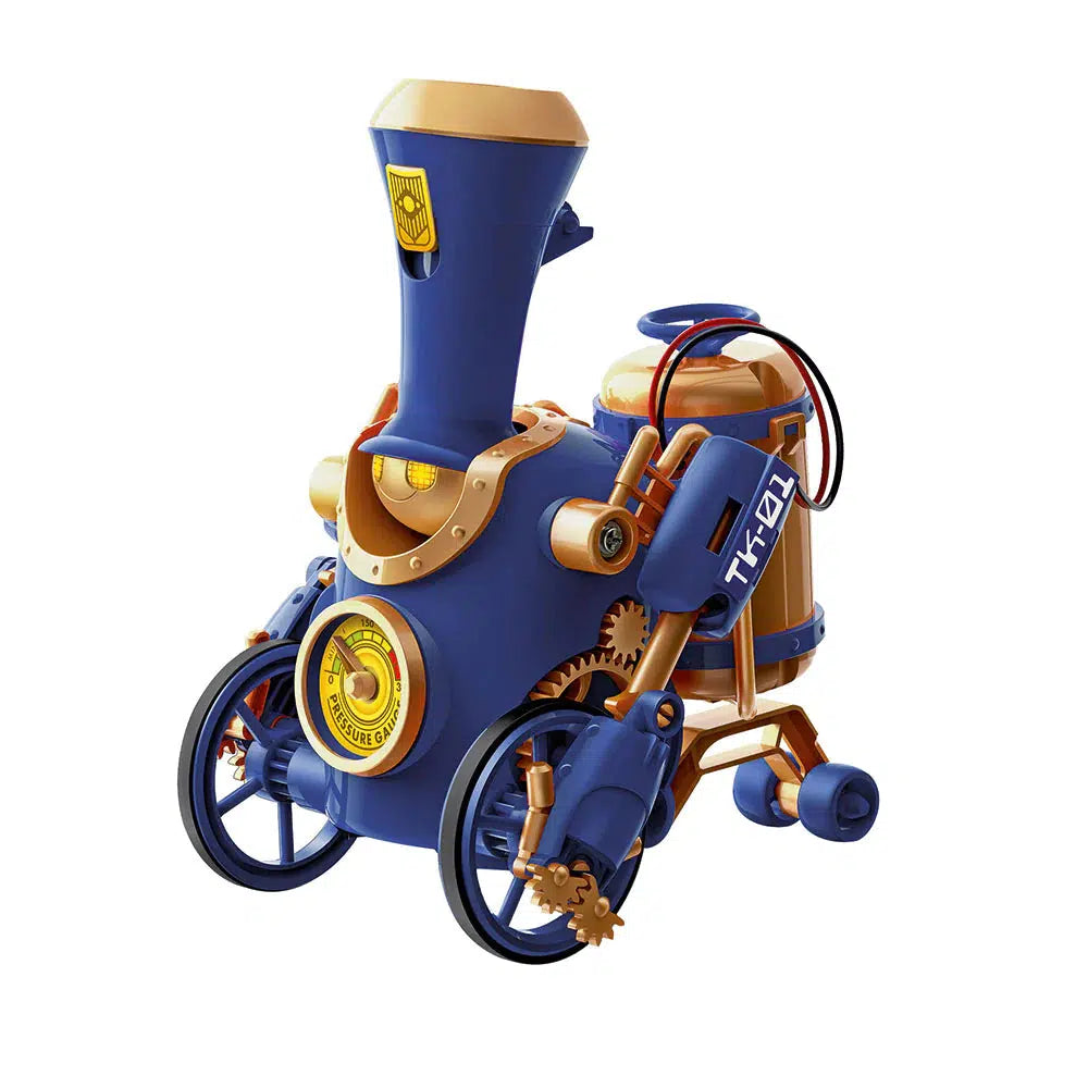 this image shows the steam engine. its a blue robot with wheels and a pack for abtteries and steam. the robot face is teh front of the locomotive, with a blue hat that releases steam