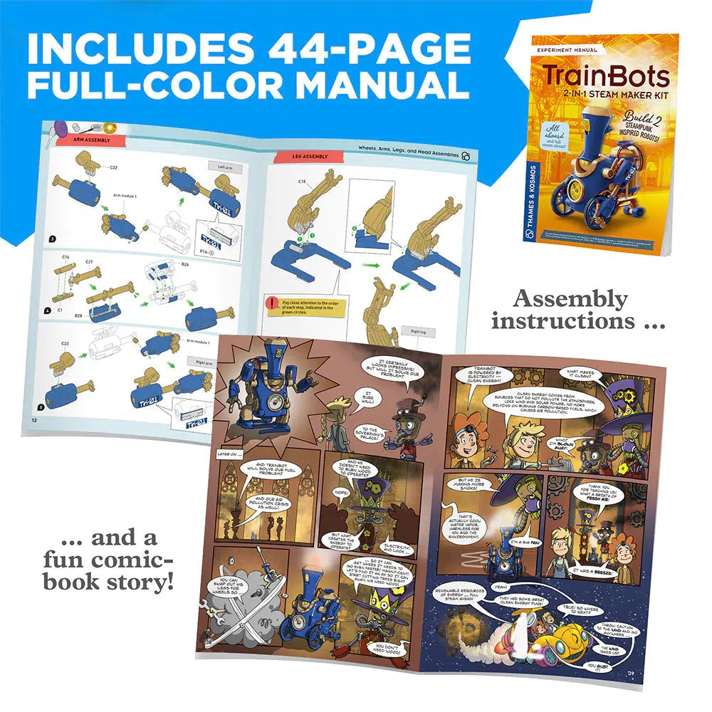 "Includes 44 page full color manual, assembly instuctions and a fun comic story." the image shows both the comic and instructions