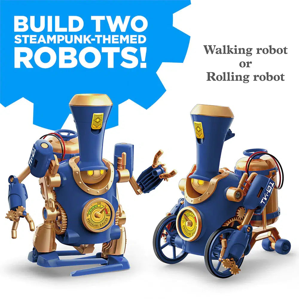 this image says "Build two steampunk themed robots" there is a robot that walks in legs, and one that rolls on wheels