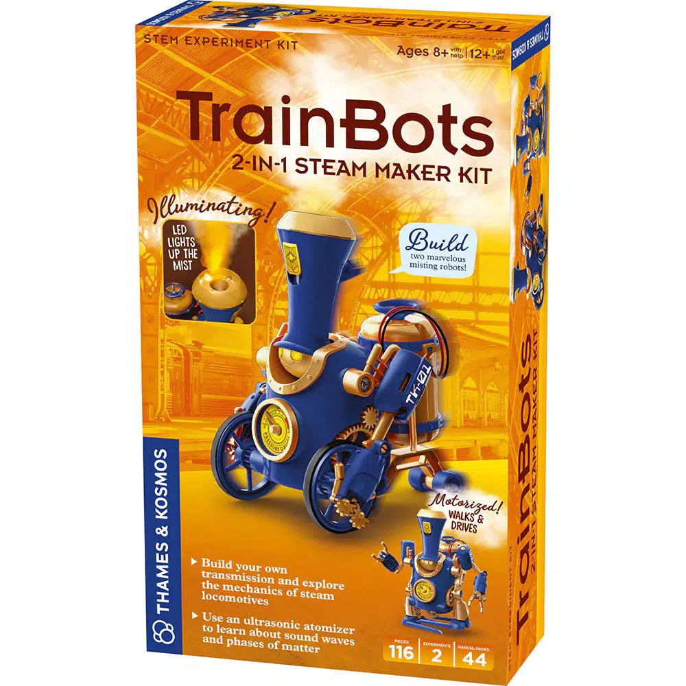 an oragne box labeled TrainBots 2-in-1 Steam Maker Kit. Motorized bot will walk and drive. "build your own transmission and explore the mechanics of steam locomotives"