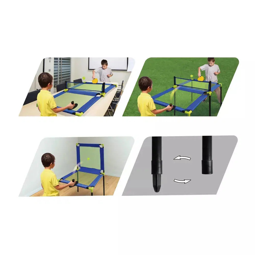 image shows adjustable legs, the ability to play on a table, ability to play solo against a trampoline board, or outside