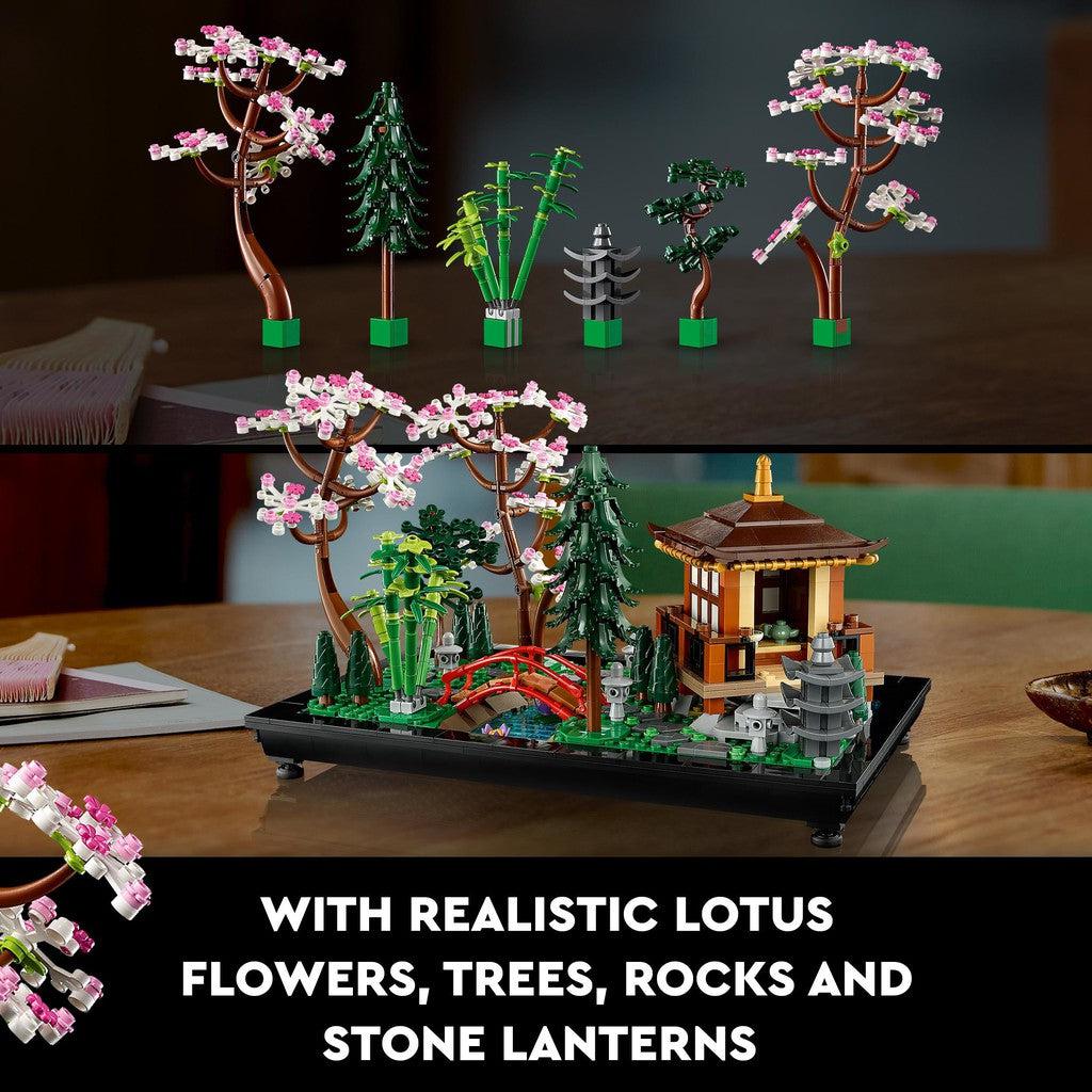 with realistic lotus flowers, trees, rocks and stone lanters
