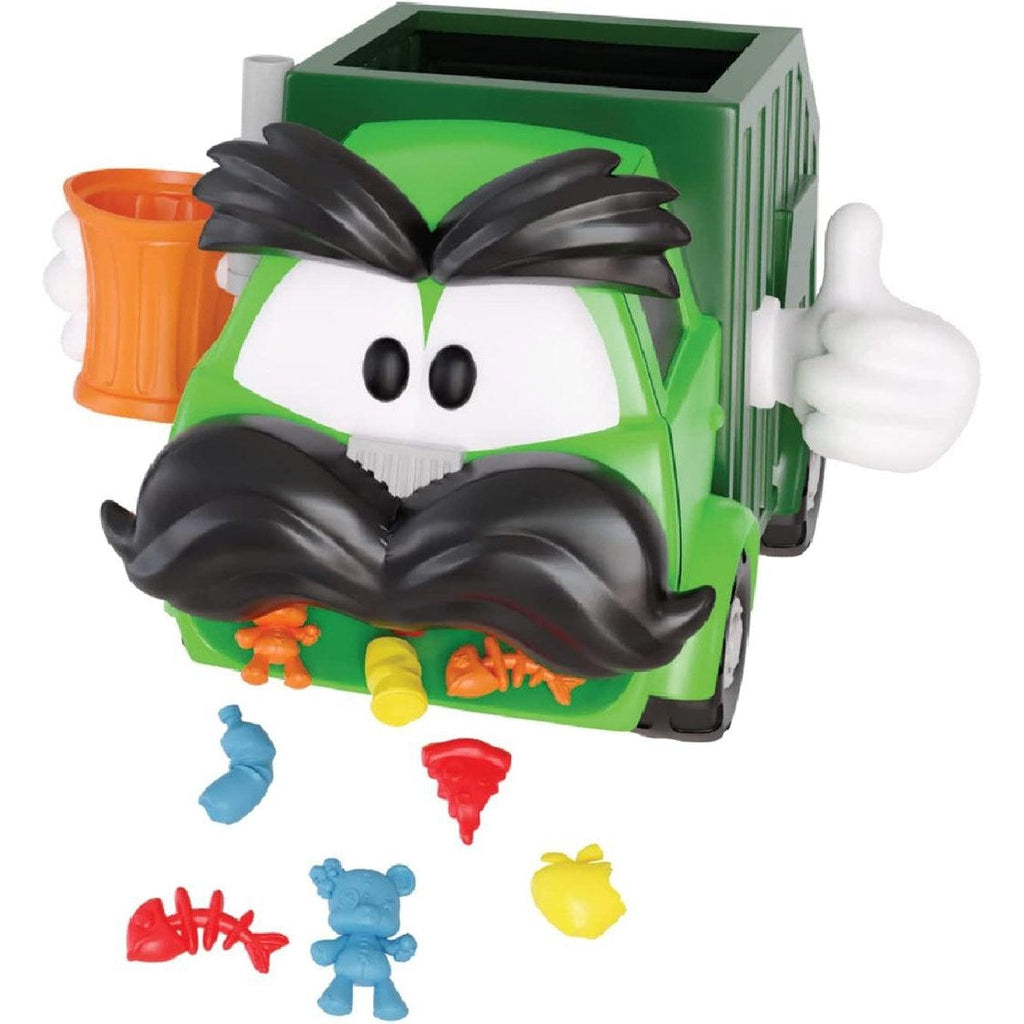 Up close view of the trash truck. He is two different colors of green, he is holding a trash can in one hand, and is giving a thumbs up with the other. The trash comes out of his mouth when he is too full.