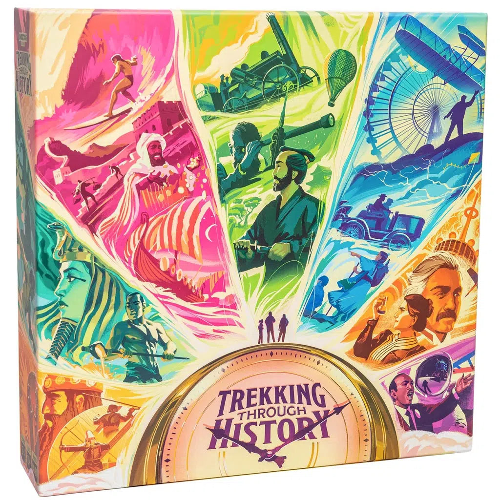 Image of the box for the game Trekking Through History. The front of the box has a picture of multiple different sectors depicting different time periods.