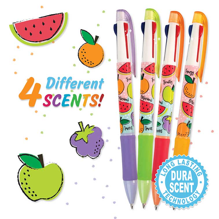 Shows the pens out of the packaging. There are four different colors of pens that correlate to a different smell. There are orange/orange, red/watermelon, purple/grape, and green/green apple.
