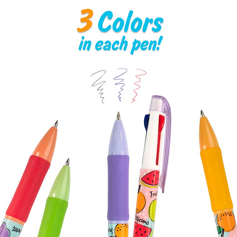 Shows that each pen can write in three different colors: red, blue, and black.