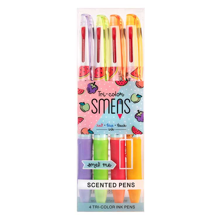 Image of the packaging for the Tri-Color Smens 4 pack. The box it comes in is clear so you can see the pens inside. There is also a cut out where you can smell the pens.