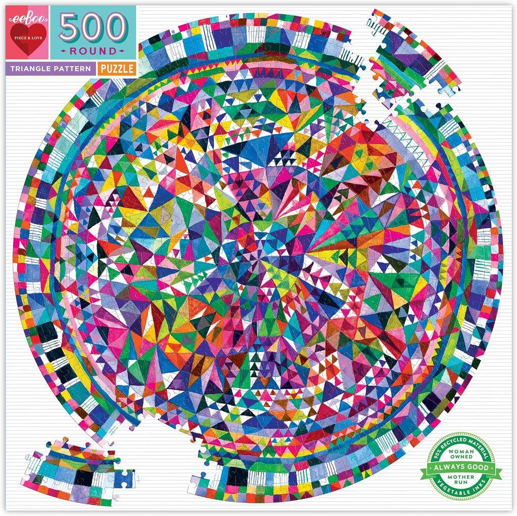 triangle pattern round puzzle is a myriad of colorful triangles.  the colors spread out with tiny triangles to fill the puzzle