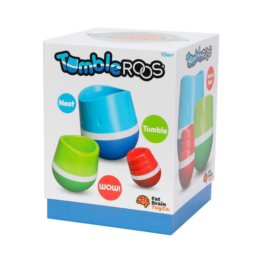 Image of the packaging for the TumbleRoos toy. On the front is a picture of all three stacking and wobbling cups.