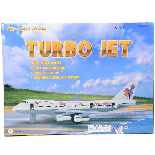 the turbo jet 6 piece box tays turbo jet in gold letters followed up with pull back ation, run and lift off, opening fuselage doors. 