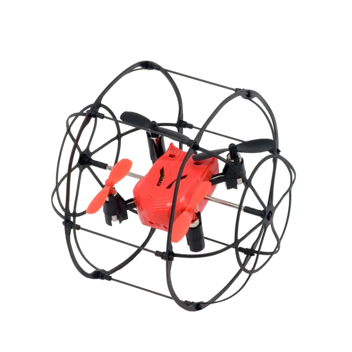 Image of the Turbo Runner drone. It has a red body with a black plastic cage around it to protect it.