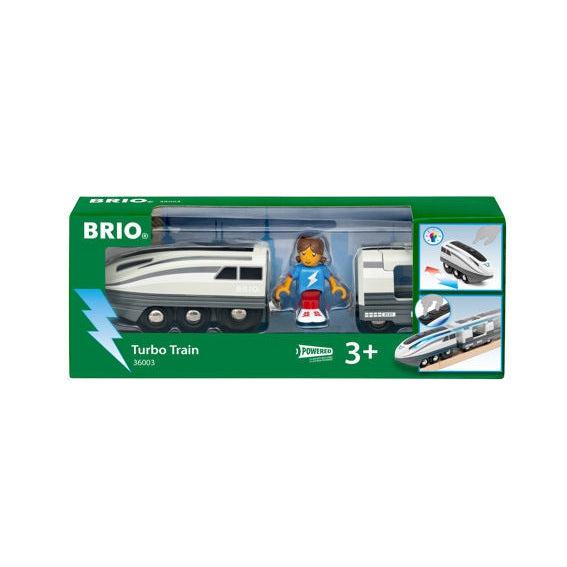 Image of the packaging for the Turbo Train play set. Part of the front is made from clear plastic so you can see the toy inside.