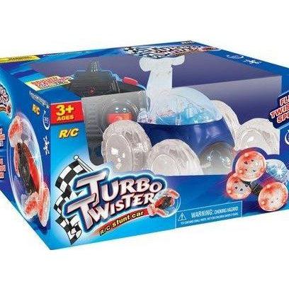 Image of the packaging for the Turbo Twister RC Stunt Car. Part of the box is made of clear plastic so you can see the RC car inside.