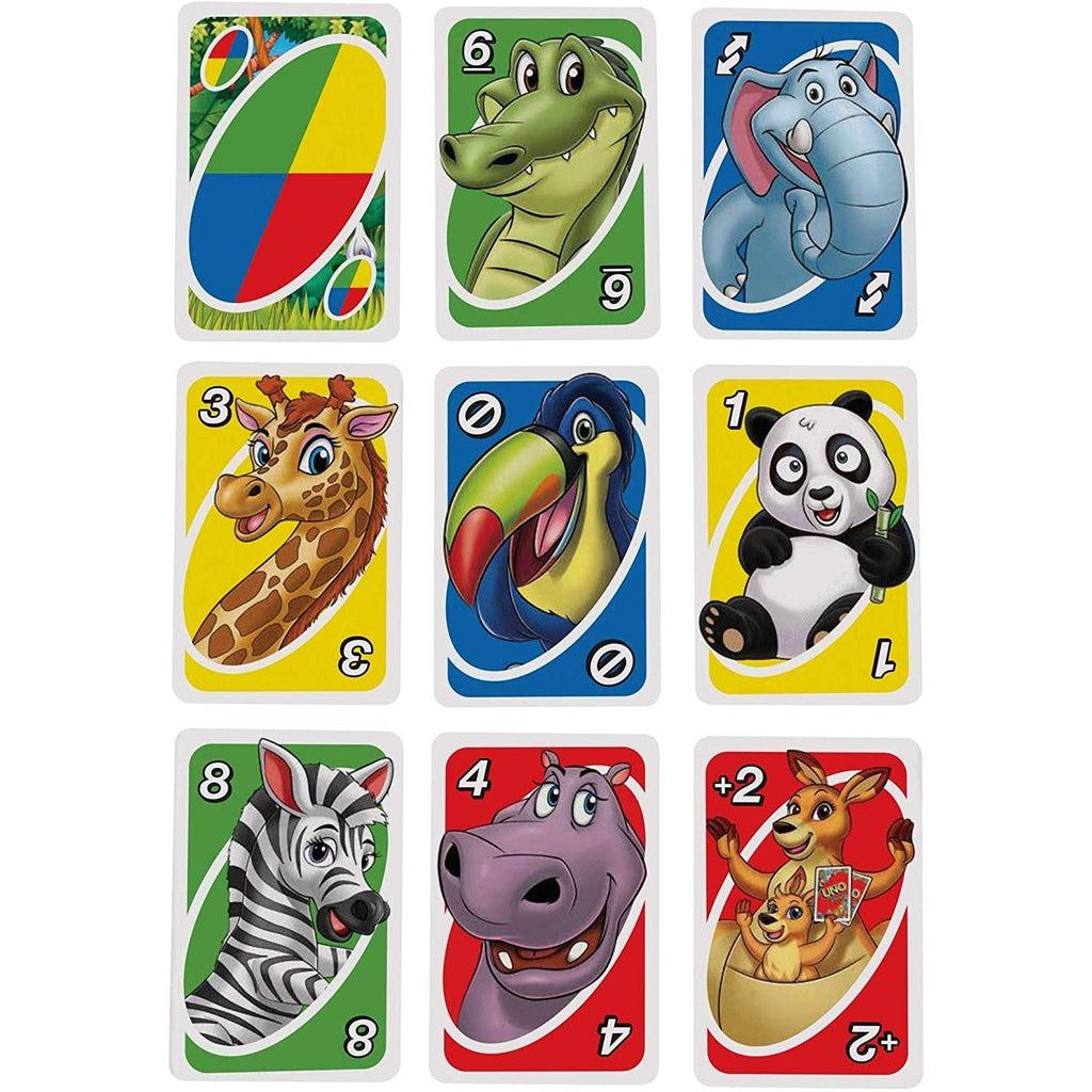 Shows some examples of the included playing cards. Each card has a picture of an animal on it such as a crocodile, elephant, toucan, and hippo. This also includes the specialty action cards.