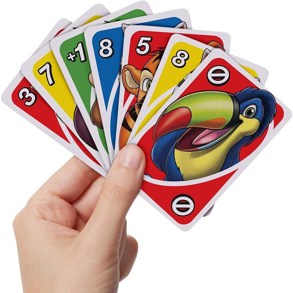 Shows a hand holding the cards for size comparison. The junior cards are the same size as normal UNO cards.