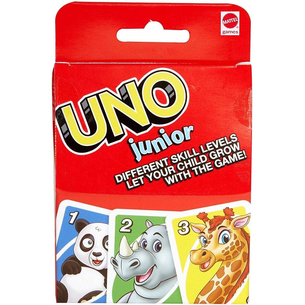 Image of the box for the UNO Jr. game. On the front are some pictures of some cards included in the game.