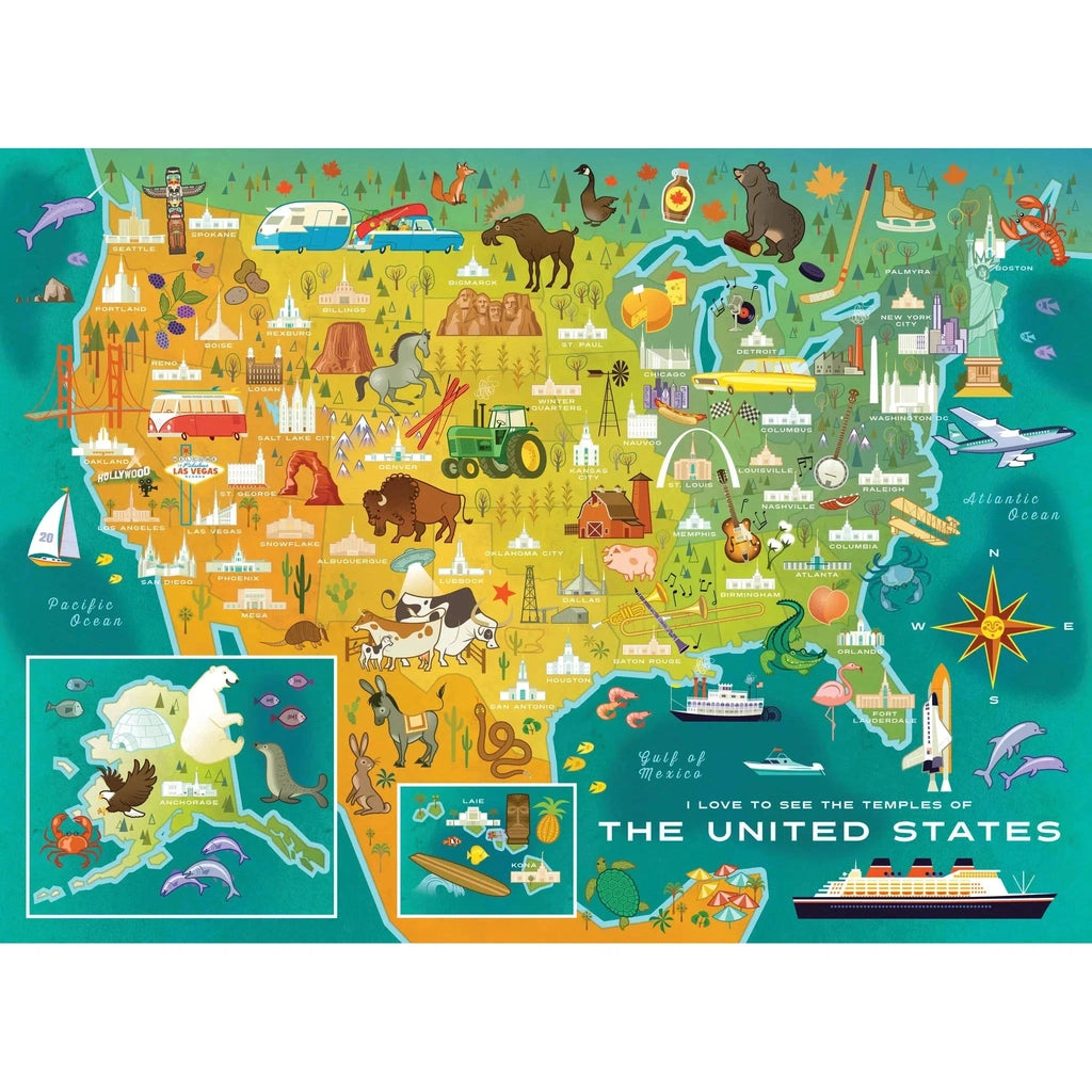 The puzzle is an illustration of the United states (including Alaska and Hawaii). It shows a cartoon version of each temple in the US at the time of this puzzle's creation as well as other objects, foods, animals, and landmarks that playfully depict each state/area.