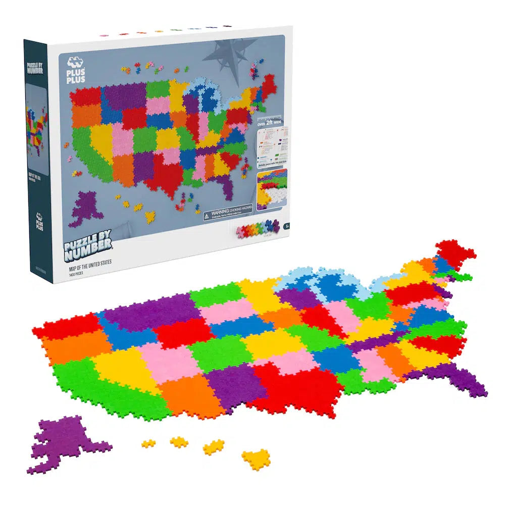 this image shows the plus plus puzzle by number. using plus plus  pieces, and instructions, create a map of the usa.