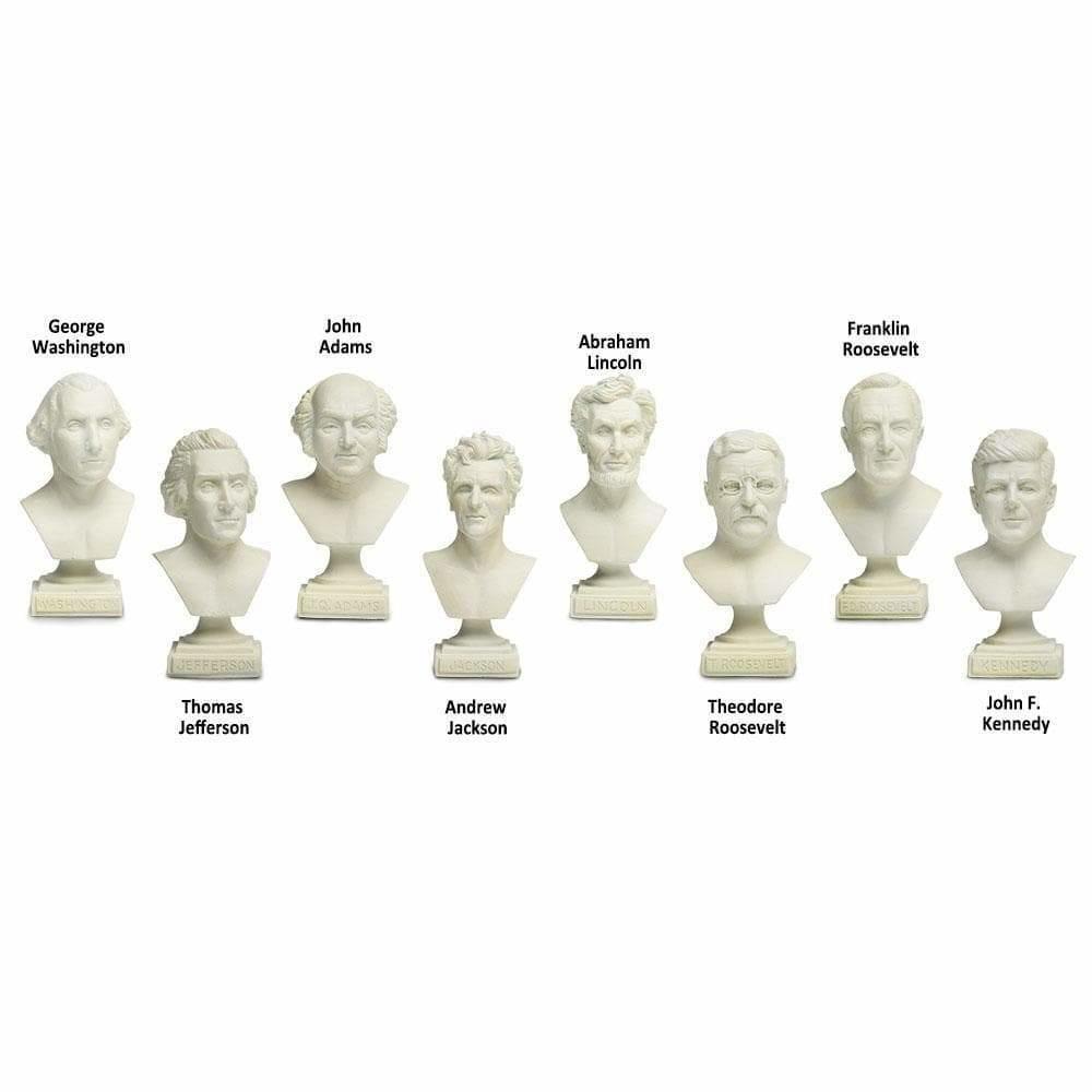 Image of all the included figurines. It comes with busts of Washington, Jefferson, Adams, Jackson, Lincoln, both Roosevelts, and Kennedy.