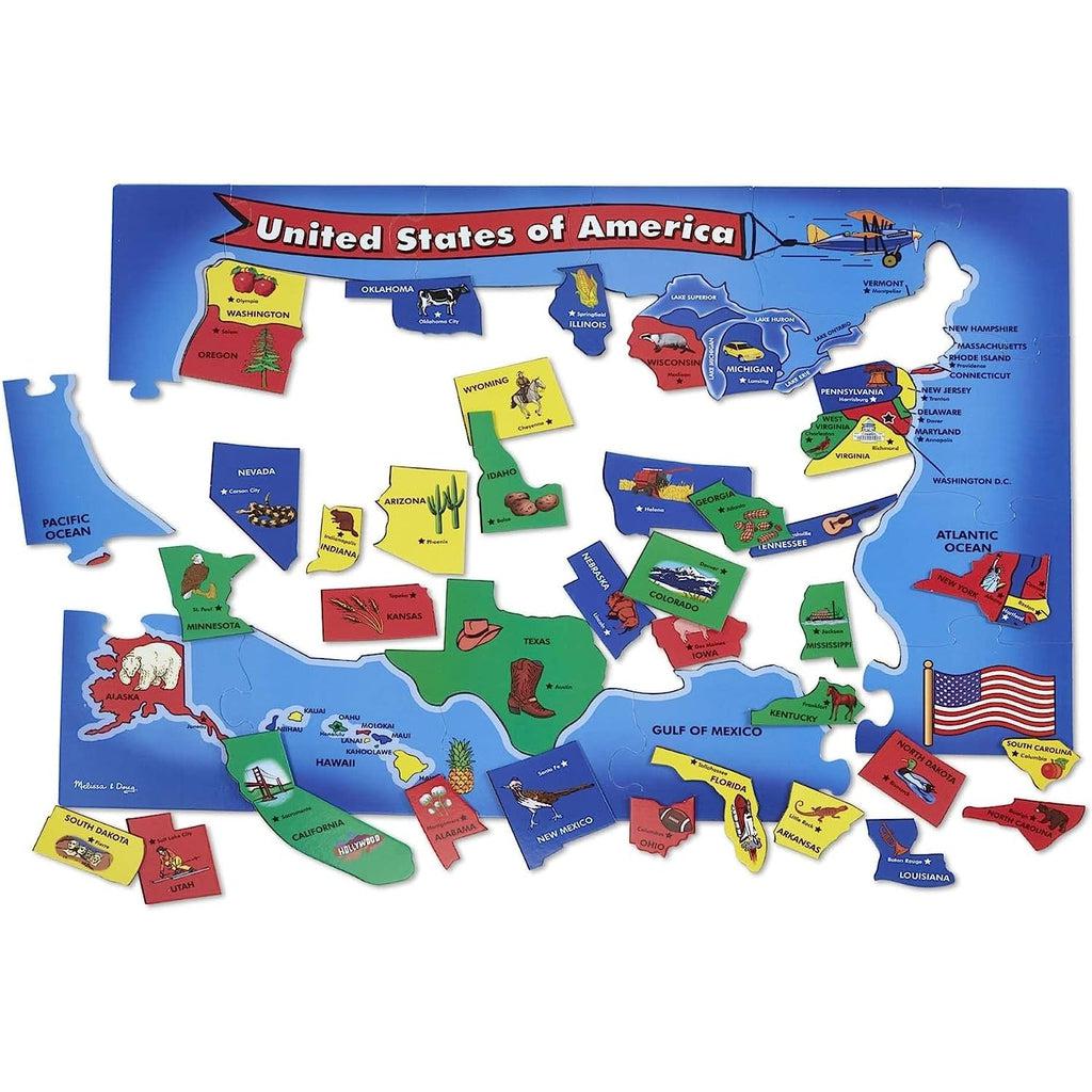 Image of all the included puzzle pieces in the puzzle. It shows that even the boarder of the US is made from puzzle pieces as well as some of the smaller states were combined together into one puzzle piece.