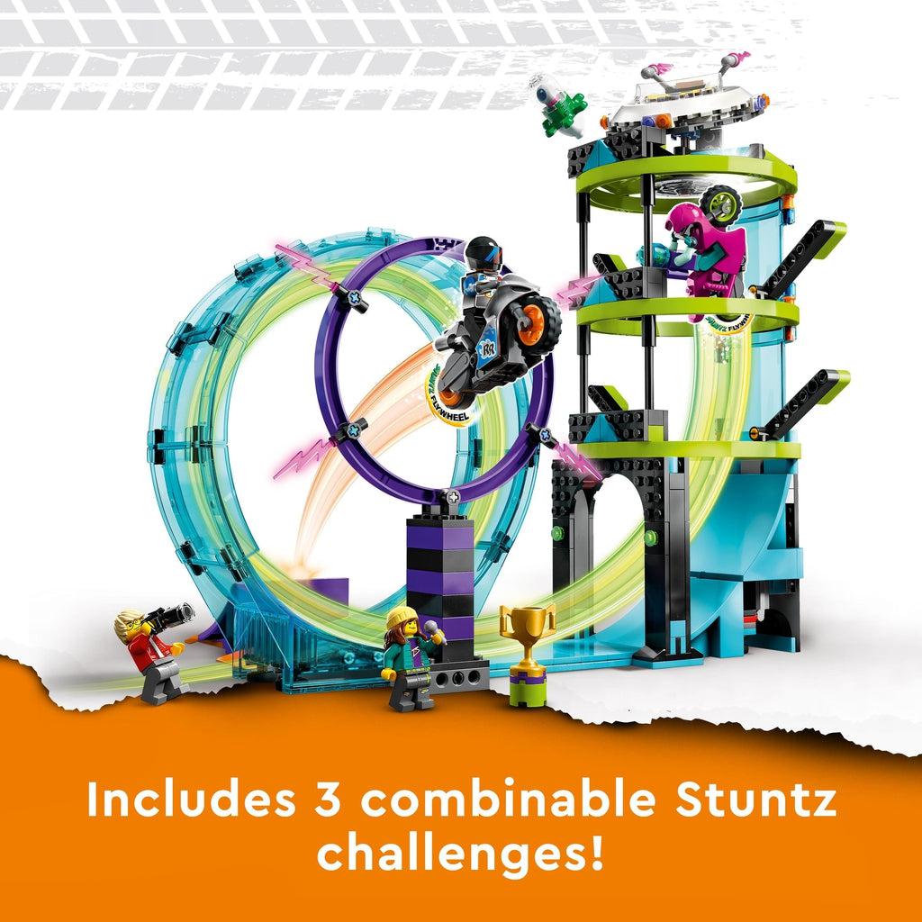 Image of all of the pieces of the stunt playset. Caption: Includes 3 combinable Stuntz challenges!