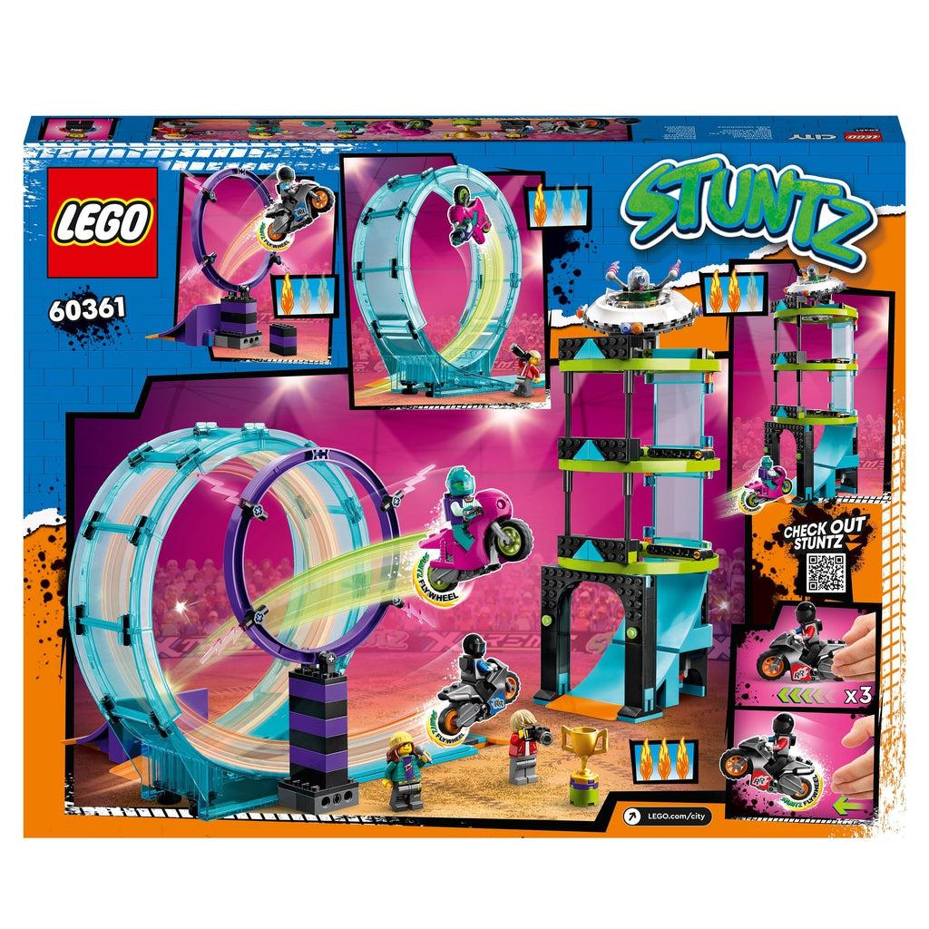 Image of the back of the box. Has a large picture in the center of the complete set, and on the sides are smaller pictures of elements of interest within the same LEGO set.