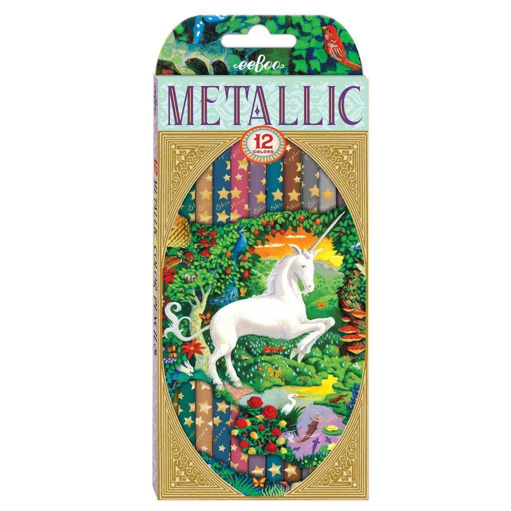 the box shows a unicorn on th efront of the metallic wrapped colored pencils. there are 12 colored pencils in the pack