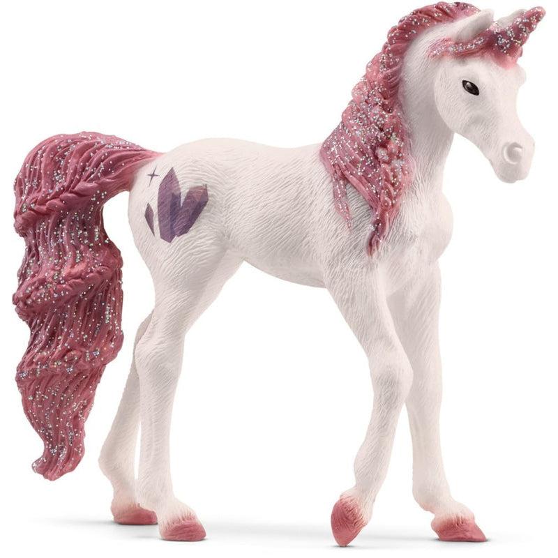 Image of the Unicorn Amethyst figurine. It is a white unicorn with purple glittery braided hair. She has a cutie mark of three purple amethyst crystals.