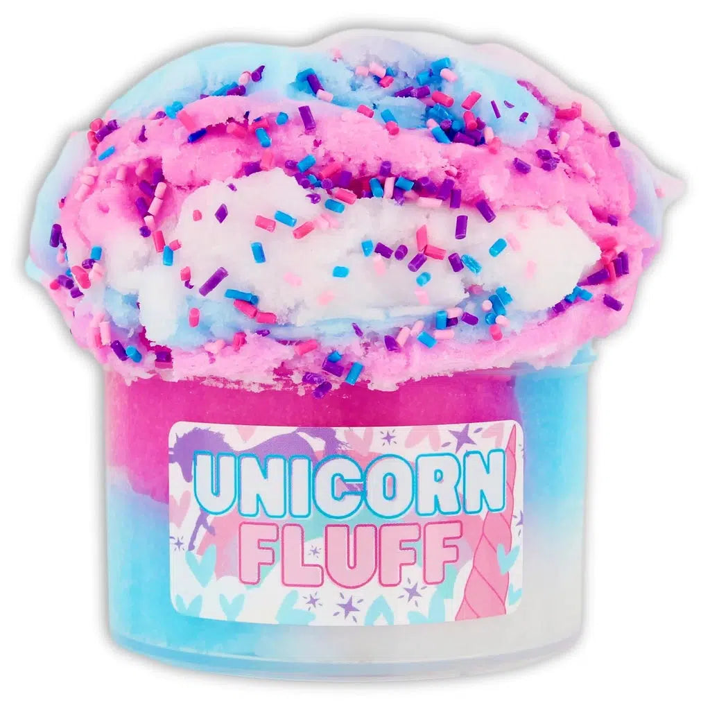 Image of the open Unicorn Fluff slime. It is a tri-colored slime (white, pink, and blue) and it comes with pink purple and blue sprinkles on top!
