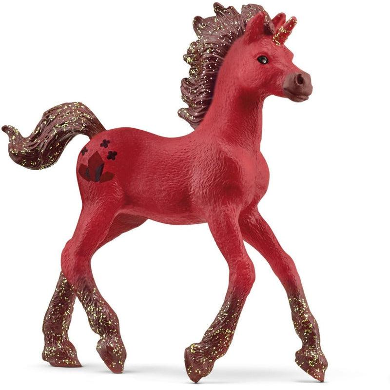 Image of the Unicorn Garnet figurine. It is a red unicorn with dark maroon glittery mane and tail. It has maroon hooves that fade into the red body. It has a three garnet cutie mark.