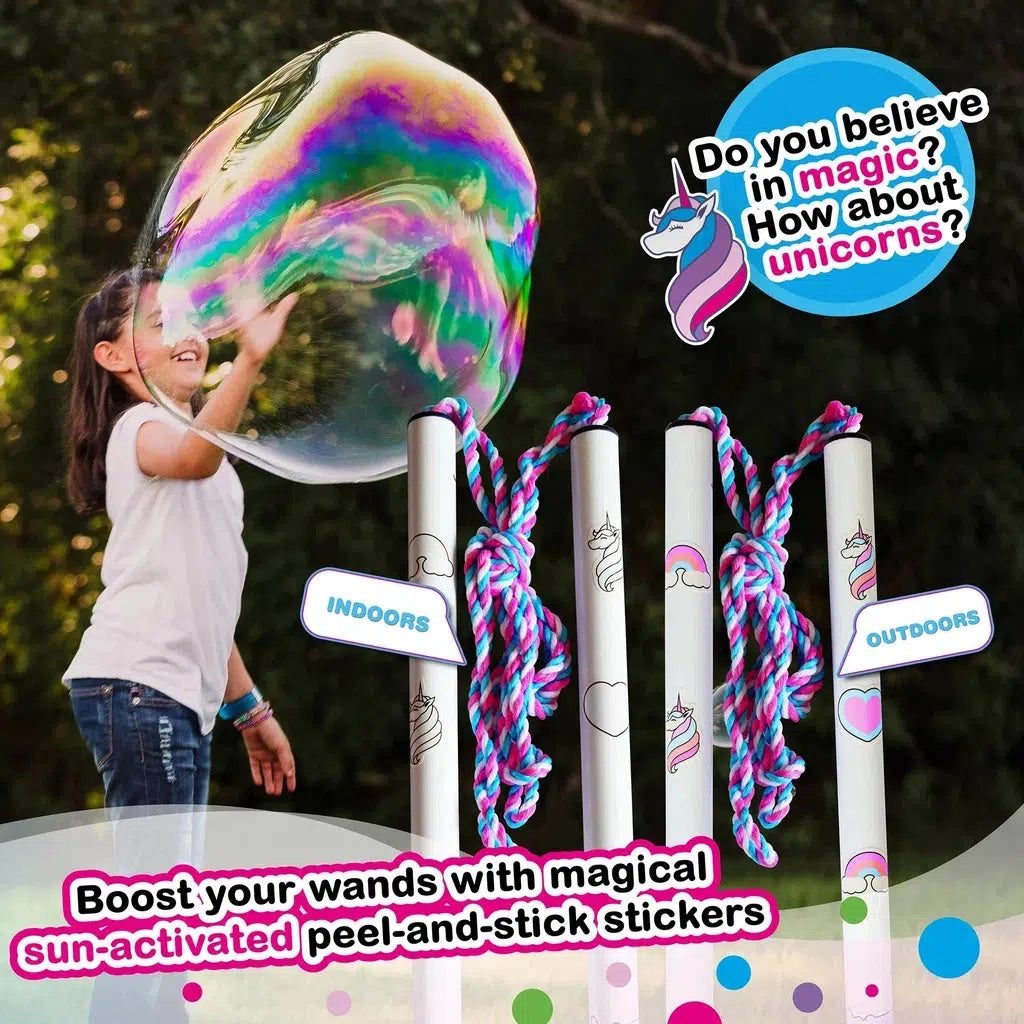A child playing with large WOWmazing bubbles outdoors next to images of unicorn-themed bubble wands with a promotional message highlighting their sun-activated magical stickers.