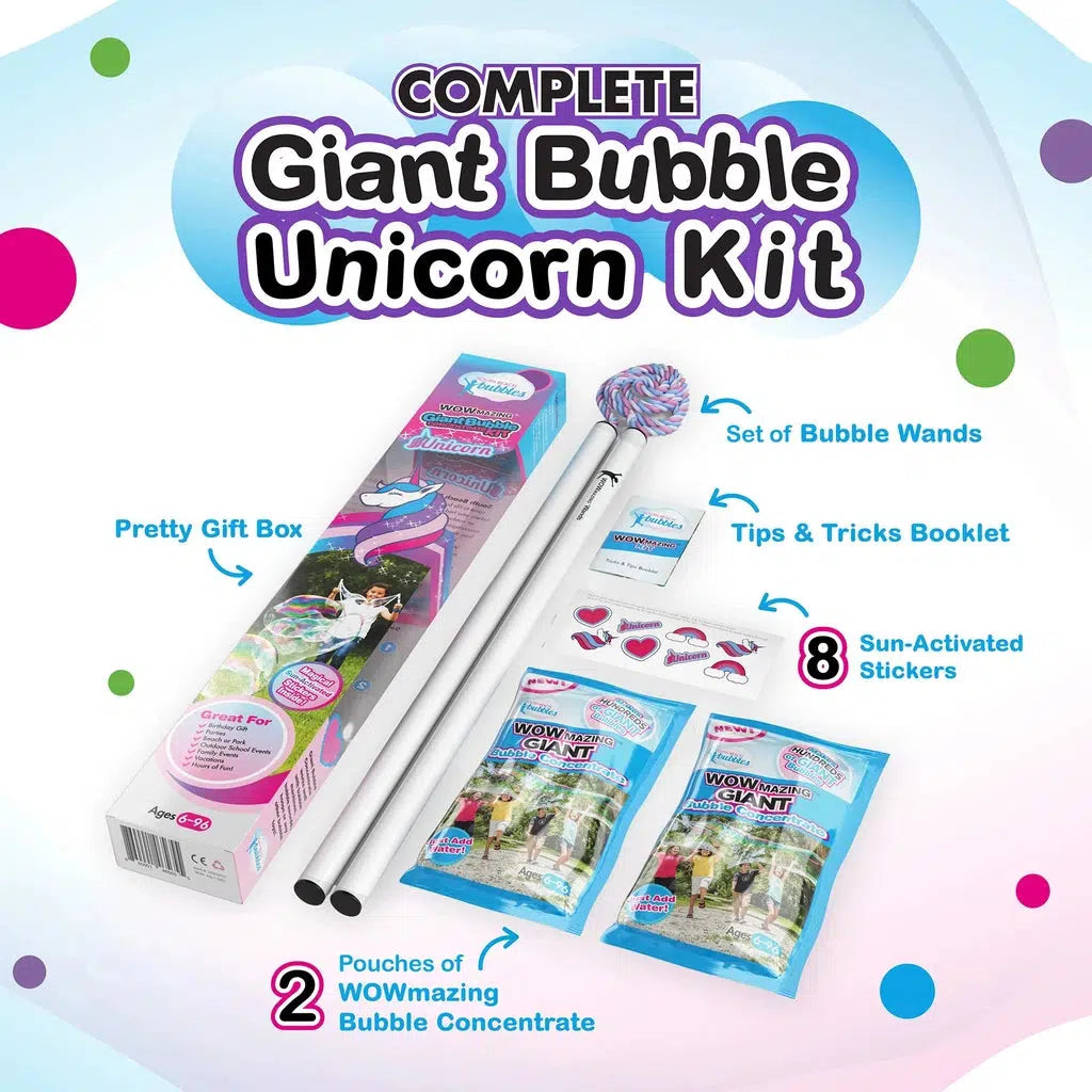 Complete Unicorn Party giant bubble unicorn kit with wands, gift box, booklet, magical stickers, and WOWmazing bubble concentrate.