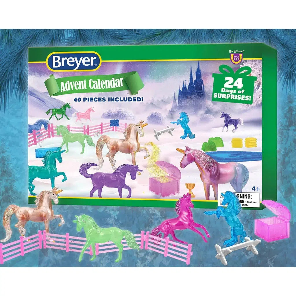 Image of the front of the box for the Unicorn Magic Breyer Advent Calendar figurine set. It has a picture of many of the included unicorn figurines.