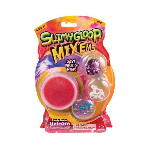 this image shows the slimeygloop mix ems. There is red slime and three containers with objects to mix into the slime for some sensory slimy fun